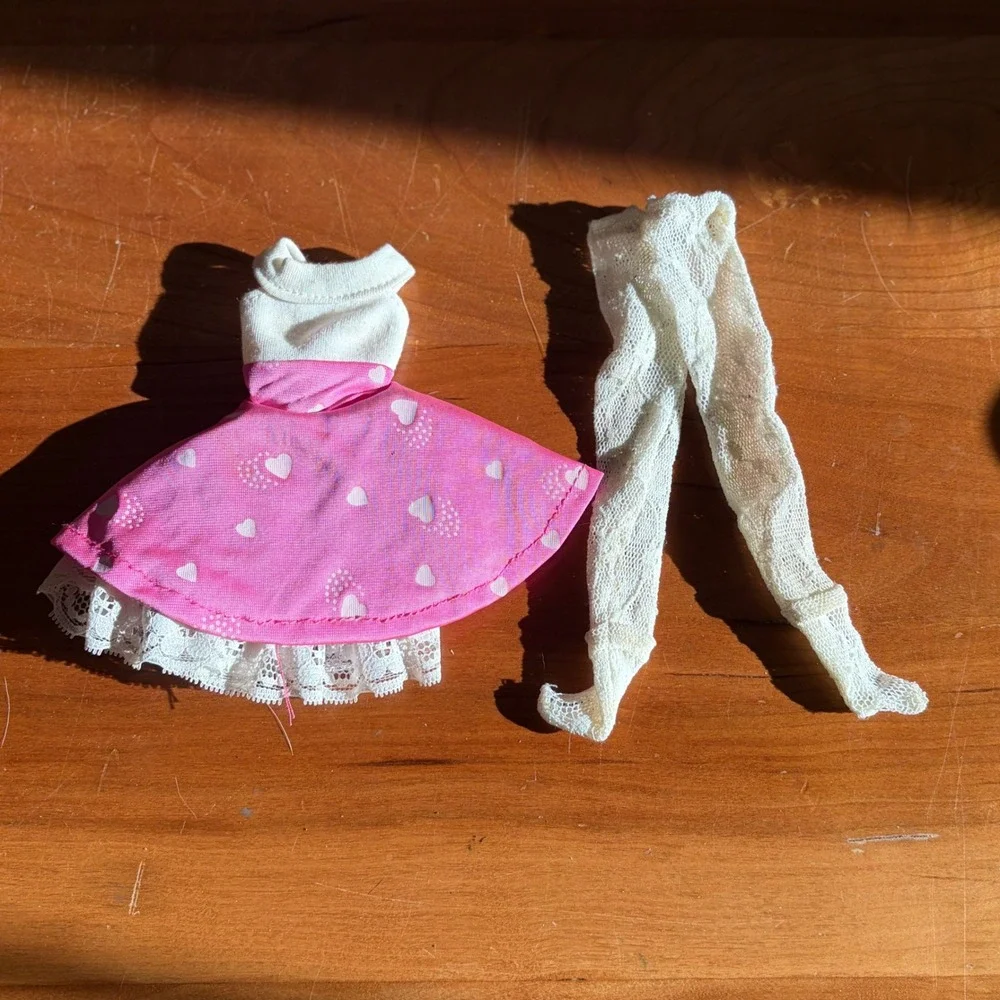 Vintage 1987 Mattel Barbie Maxie Pink Heart Dress & White Lace Tights Outfit Set